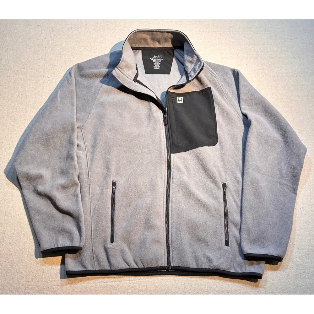 Huk Mens Large Fleece Jacket Full Zip Grey‎ Black Fishing Outdoor Casual Wear